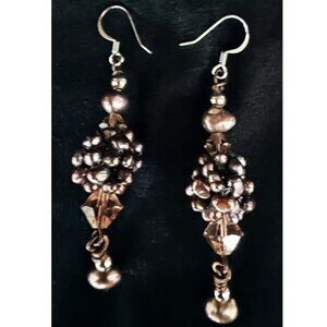 Artisan Earrings Freshwater Bronze Pearls Bronze Crystal Dangle 2"